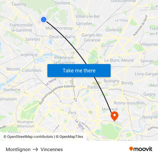 Montlignon to Vincennes map