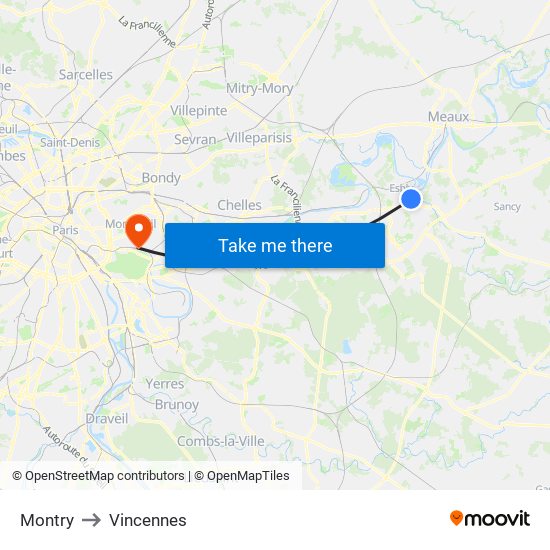 Montry to Vincennes map