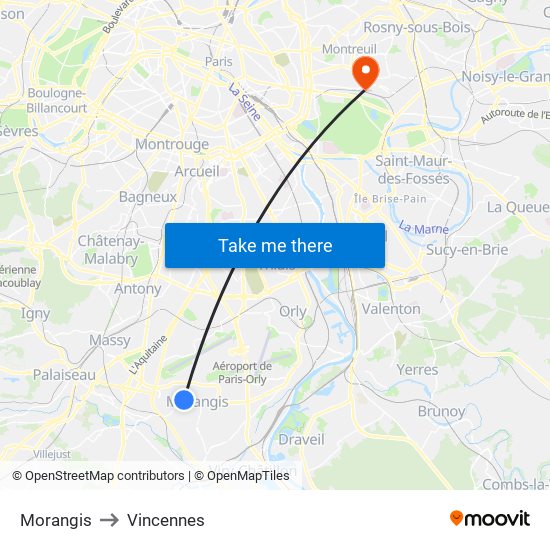 Morangis to Vincennes map