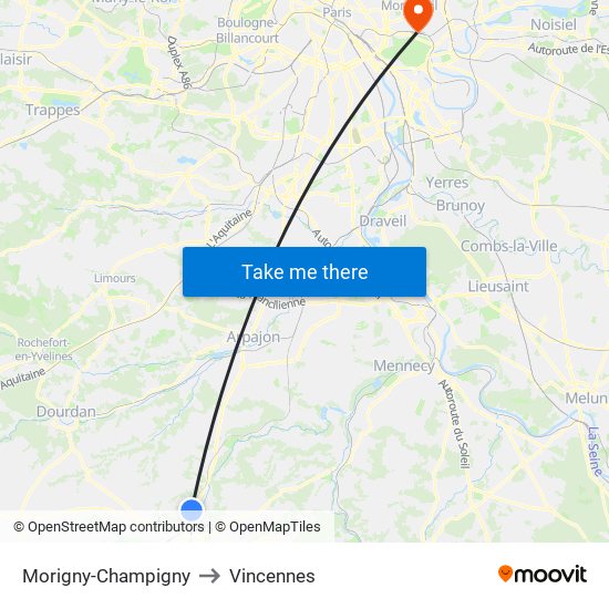Morigny-Champigny to Vincennes map