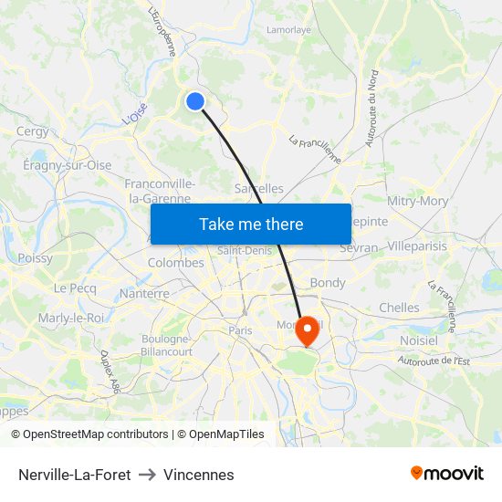 Nerville-La-Foret to Vincennes map