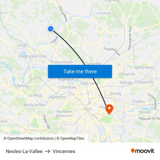 Nesles-La-Vallee to Vincennes map