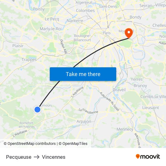 Pecqueuse to Vincennes map