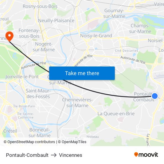 Pontault-Combault to Vincennes map