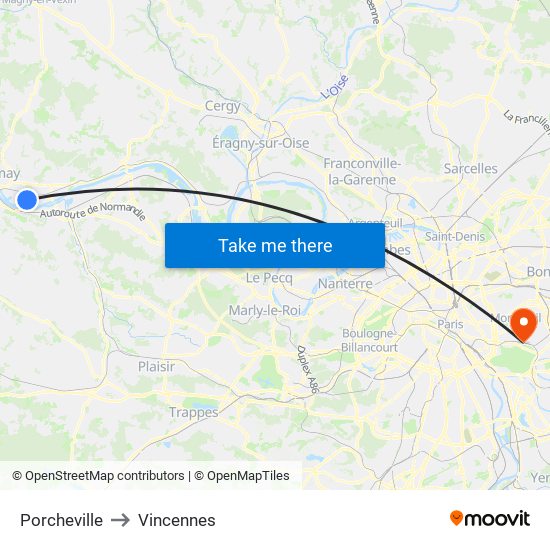 Porcheville to Vincennes map