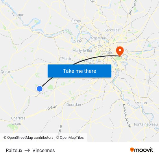 Raizeux to Vincennes map
