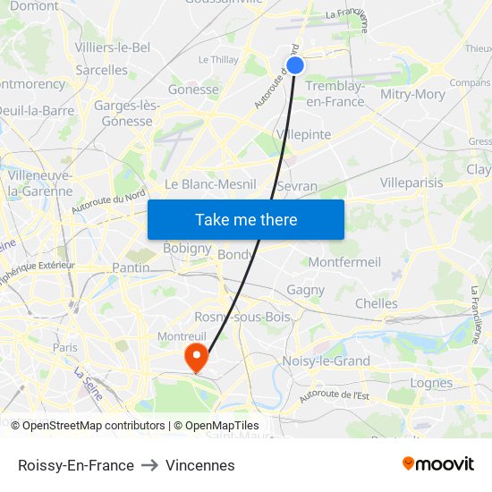 Roissy-En-France to Vincennes map
