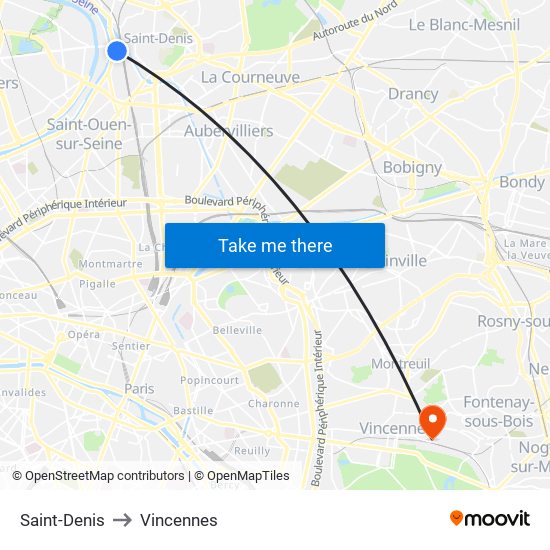 Saint-Denis to Vincennes map