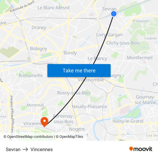 Sevran to Vincennes map