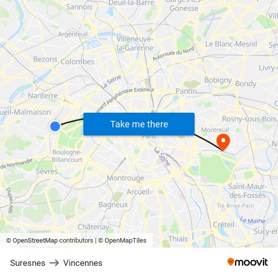 Suresnes to Vincennes map
