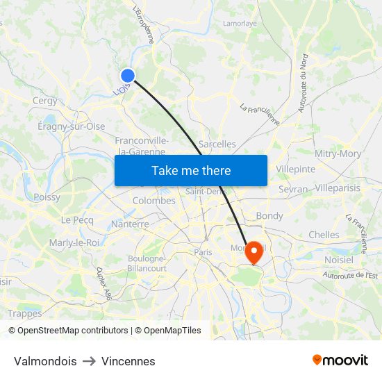 Valmondois to Vincennes map