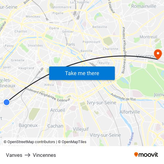 Vanves to Vincennes map