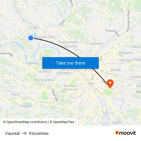 Vaureal to Vincennes map