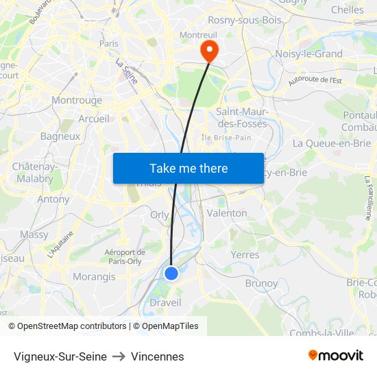 Vigneux-Sur-Seine to Vincennes map