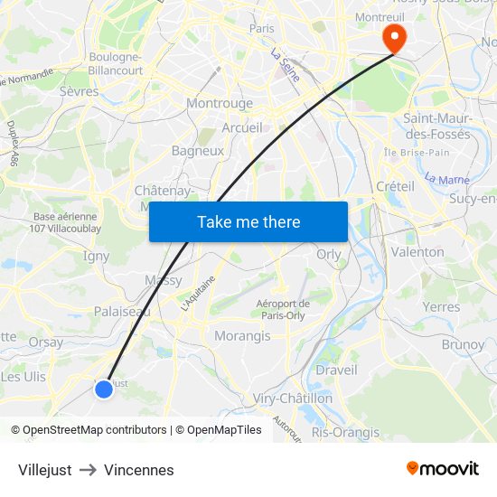 Villejust to Vincennes map