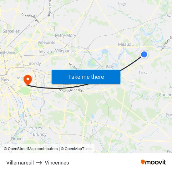 Villemareuil to Vincennes map