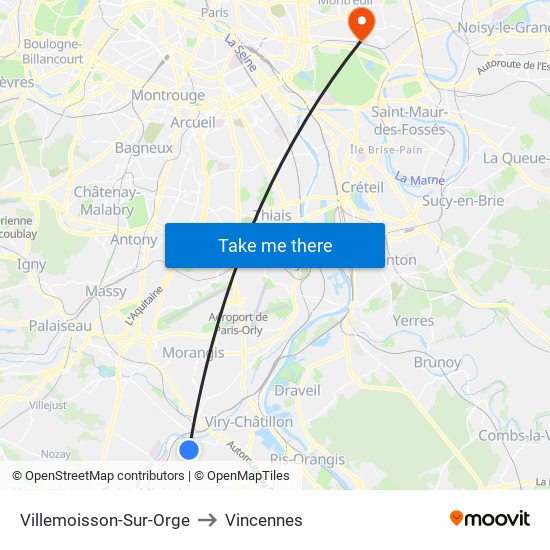 Villemoisson-Sur-Orge to Vincennes map
