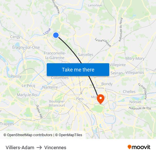 Villiers-Adam to Vincennes map