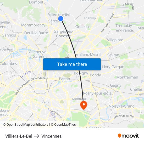 Villiers-Le-Bel to Vincennes map