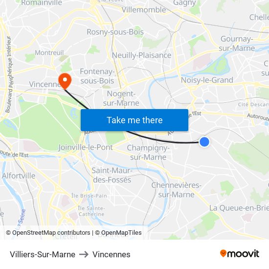 Villiers-Sur-Marne to Vincennes map