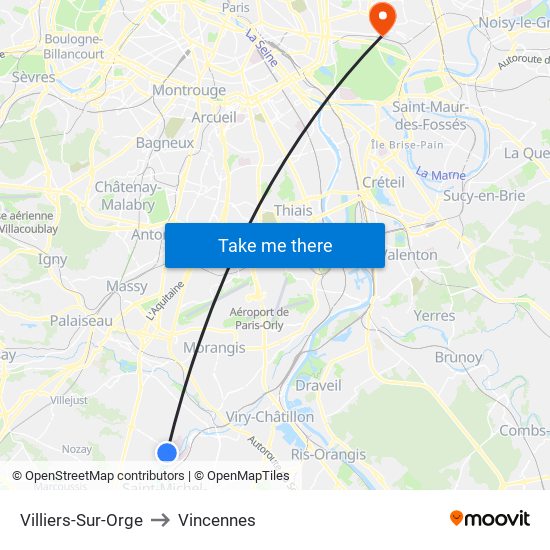 Villiers-Sur-Orge to Vincennes map