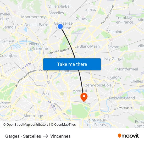 Garges - Sarcelles to Vincennes map