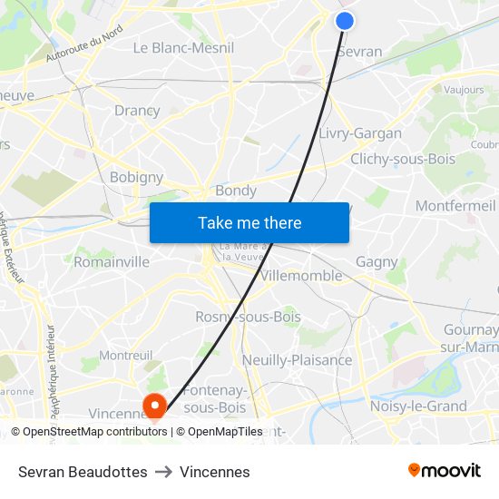 Sevran Beaudottes to Vincennes map