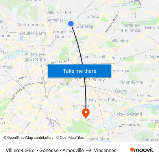 Villiers-Le-Bel - Gonesse - Arnouville to Vincennes map