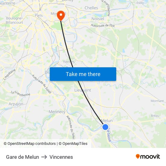 Gare de Melun to Vincennes map