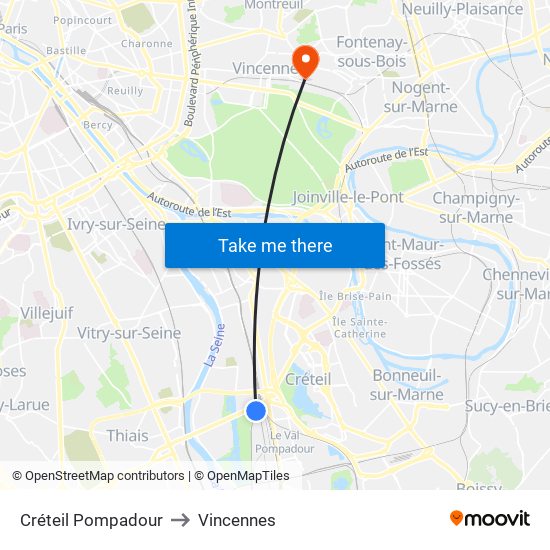 Créteil Pompadour to Vincennes map