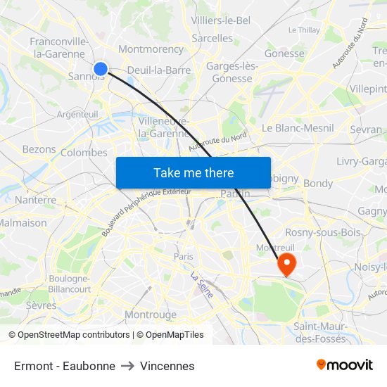 Ermont - Eaubonne to Vincennes map