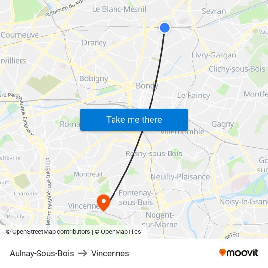 Aulnay-Sous-Bois to Vincennes map