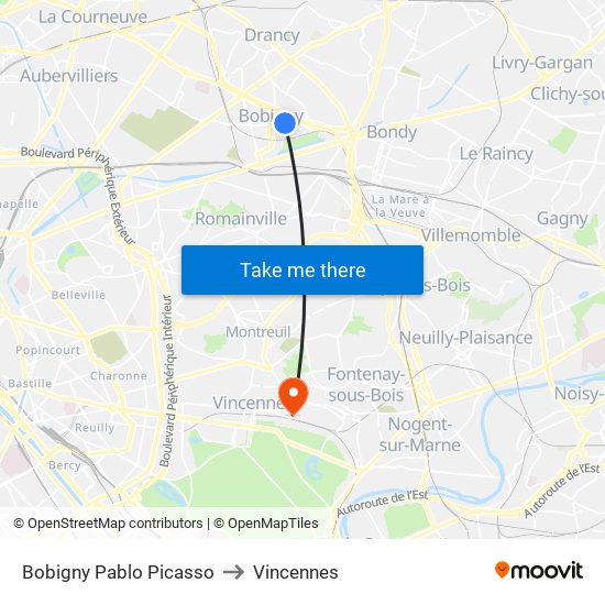 Bobigny Pablo Picasso to Vincennes map