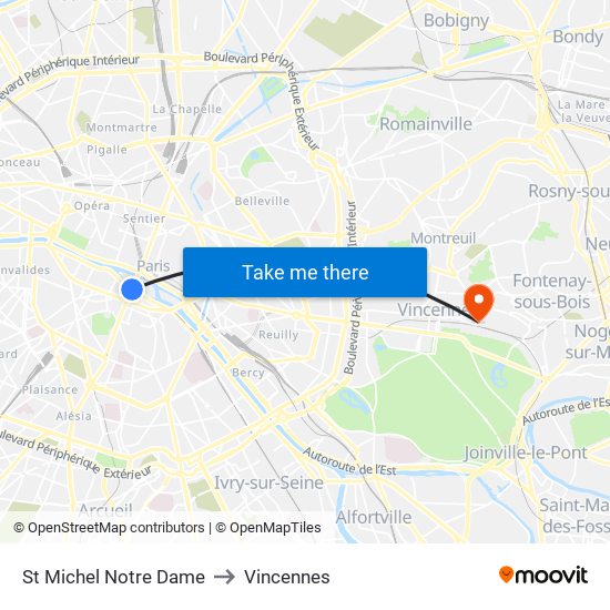 St Michel Notre Dame to Vincennes map
