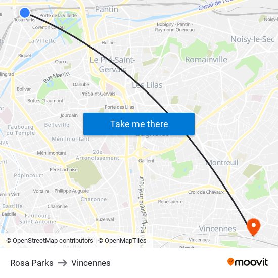 Rosa Parks to Vincennes map