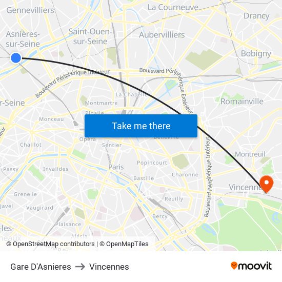 Gare D'Asnieres to Vincennes map