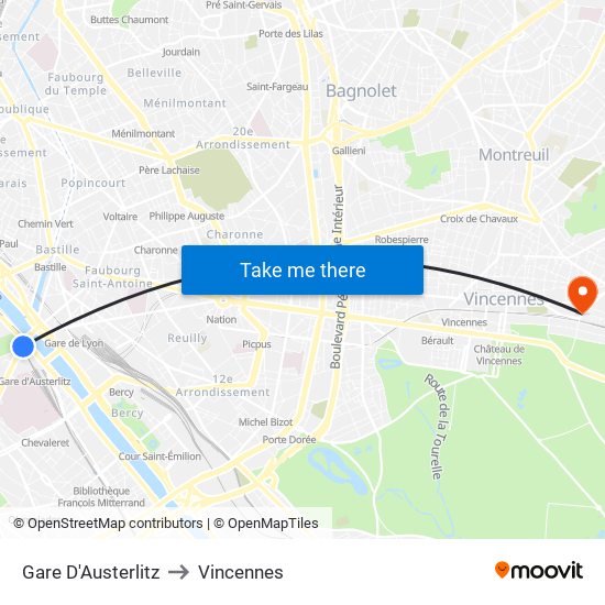 Gare D'Austerlitz to Vincennes map