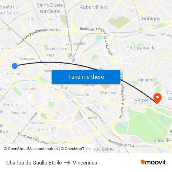 Charles de Gaulle Etoile to Vincennes map