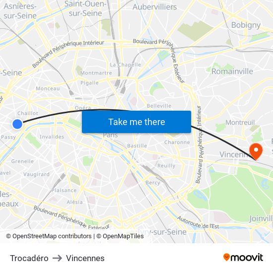 Trocadéro to Vincennes map