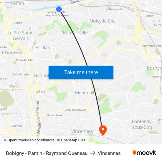 Bobigny - Pantin - Raymond Queneau to Vincennes map