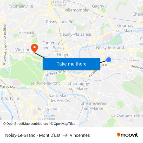 Noisy-Le-Grand - Mont D'Est to Vincennes map