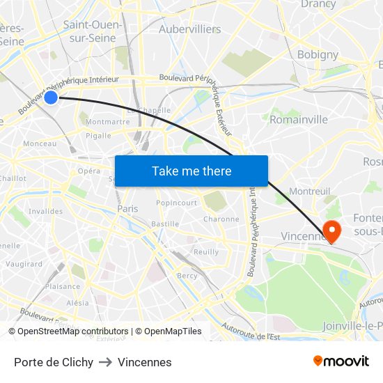 Porte de Clichy to Vincennes map