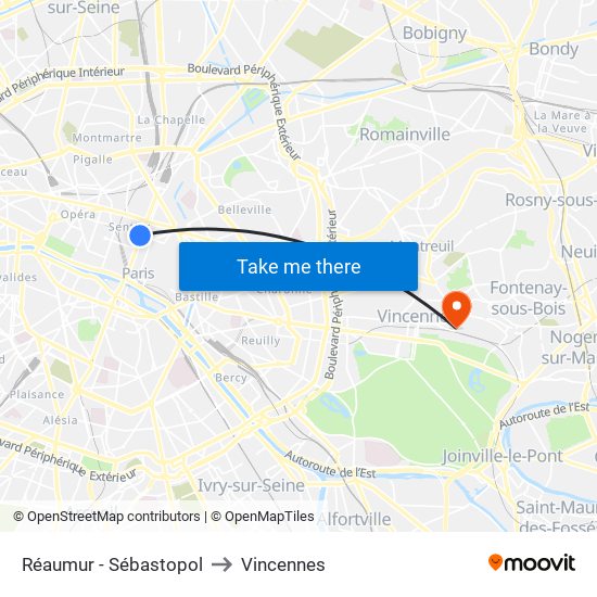 Réaumur - Sébastopol to Vincennes map