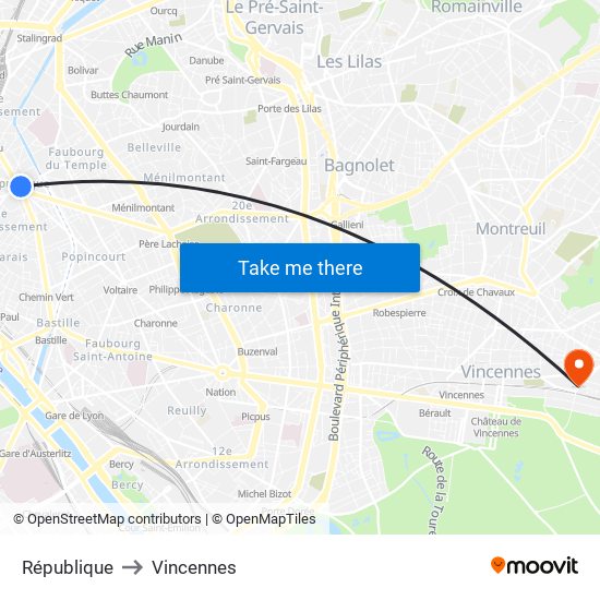 République to Vincennes map