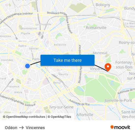 Odéon to Vincennes map