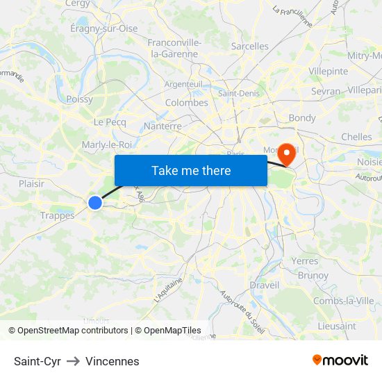 Saint-Cyr to Vincennes map