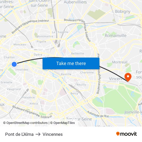 Pont de L'Alma to Vincennes map