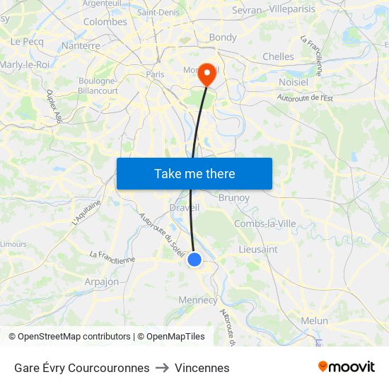 Gare Évry Courcouronnes to Vincennes map