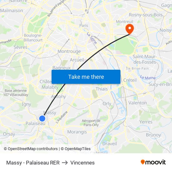 Massy - Palaiseau RER to Vincennes map