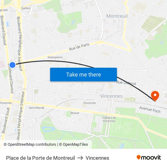 Place de la Porte de Montreuil to Vincennes map
